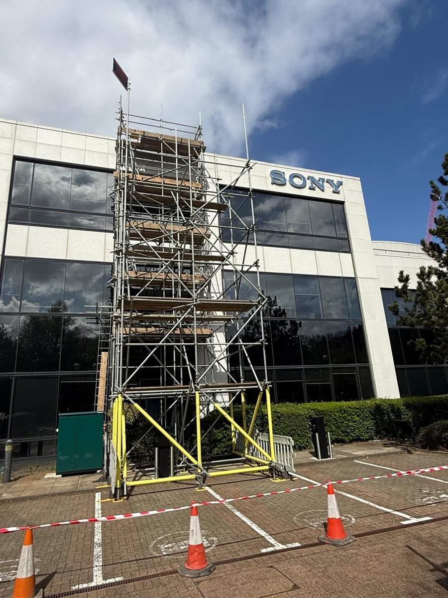 Scaffold tower outside a commercial building
